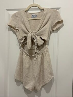 Princess Polly Linen Blend Tie Front Cutout Romper Cream Beige Size 4